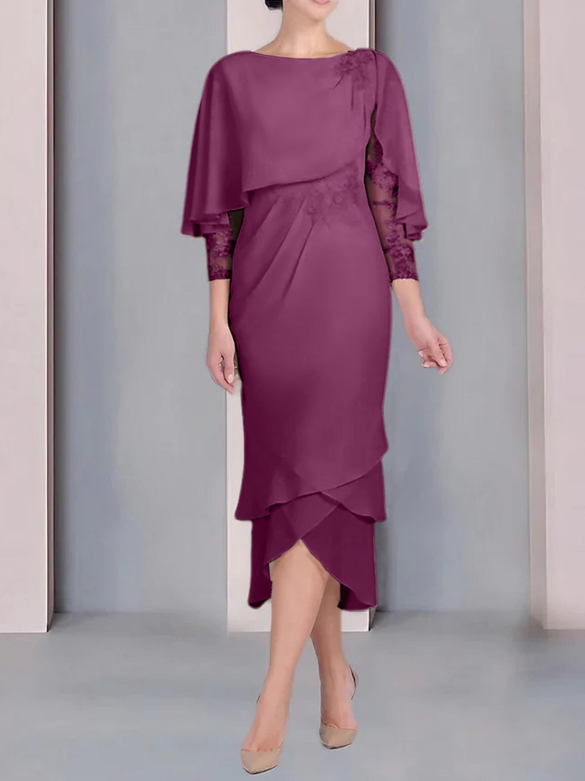 Tea Length Mother of the Bride Dress with Scoop Neck Short Sleeves and Appliqued Lace