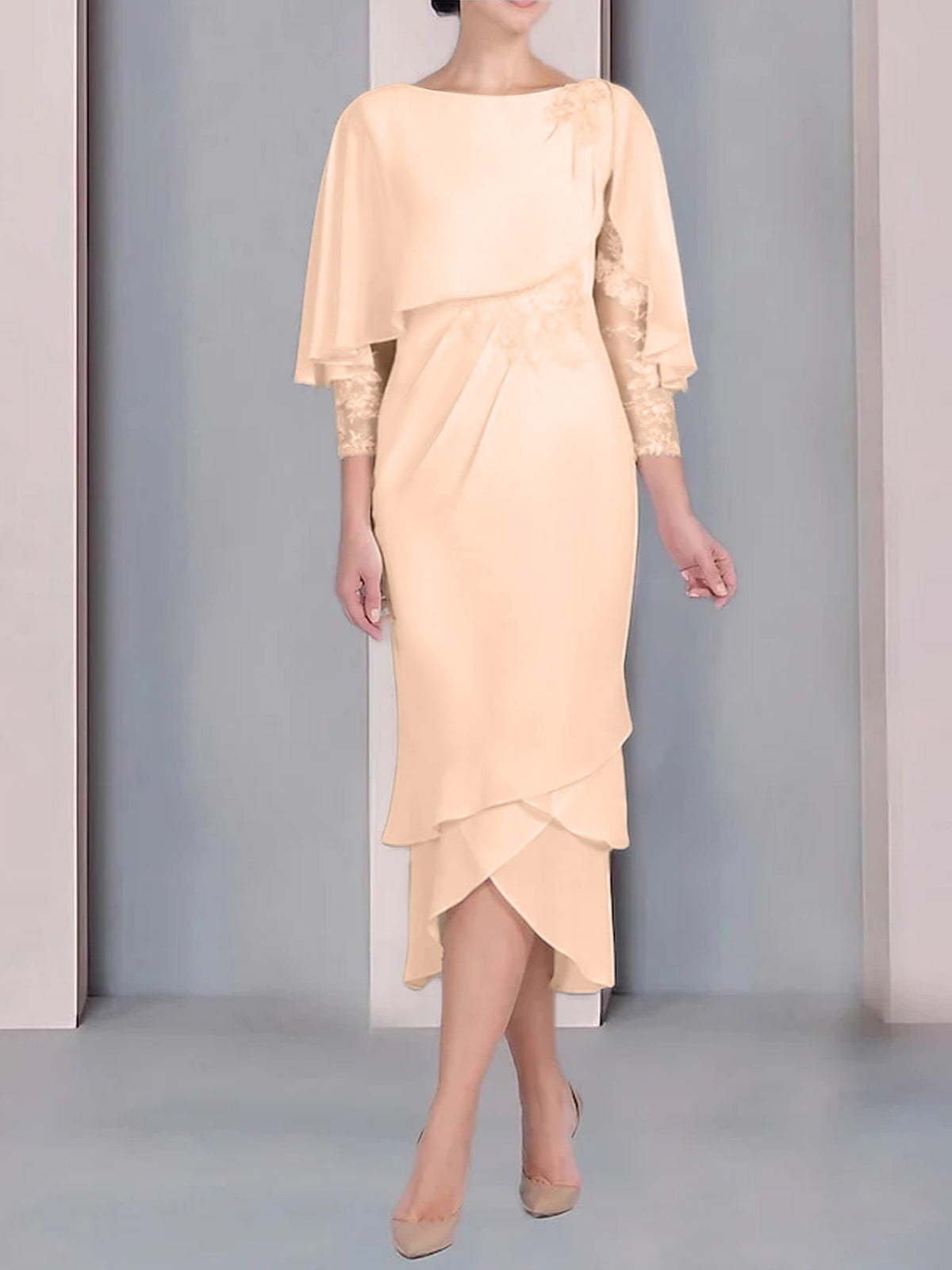 Tea Length Mother of the Bride Dress with Scoop Neck Short Sleeves and Appliqued Lace
