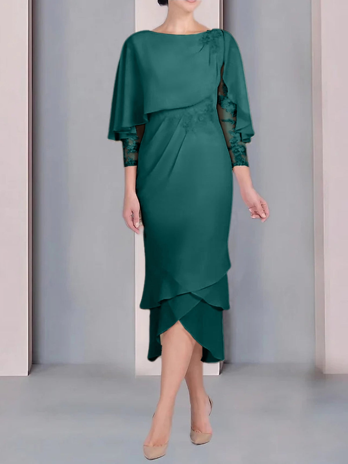 Tea Length Mother of the Bride Dress with Scoop Neck Short Sleeves and Appliqued Lace