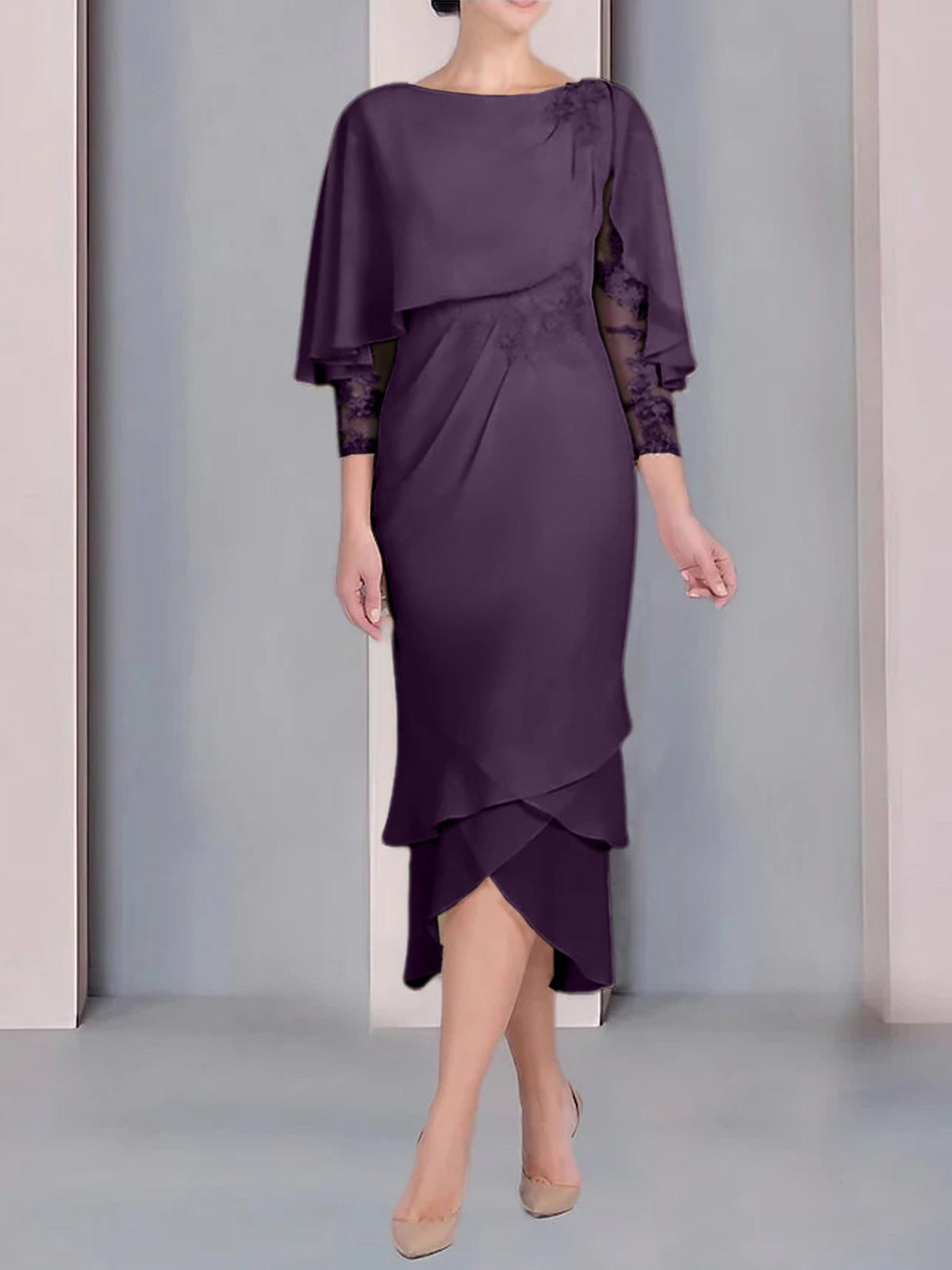 Tea Length Mother of the Bride Dress with Scoop Neck Short Sleeves and Appliqued Lace