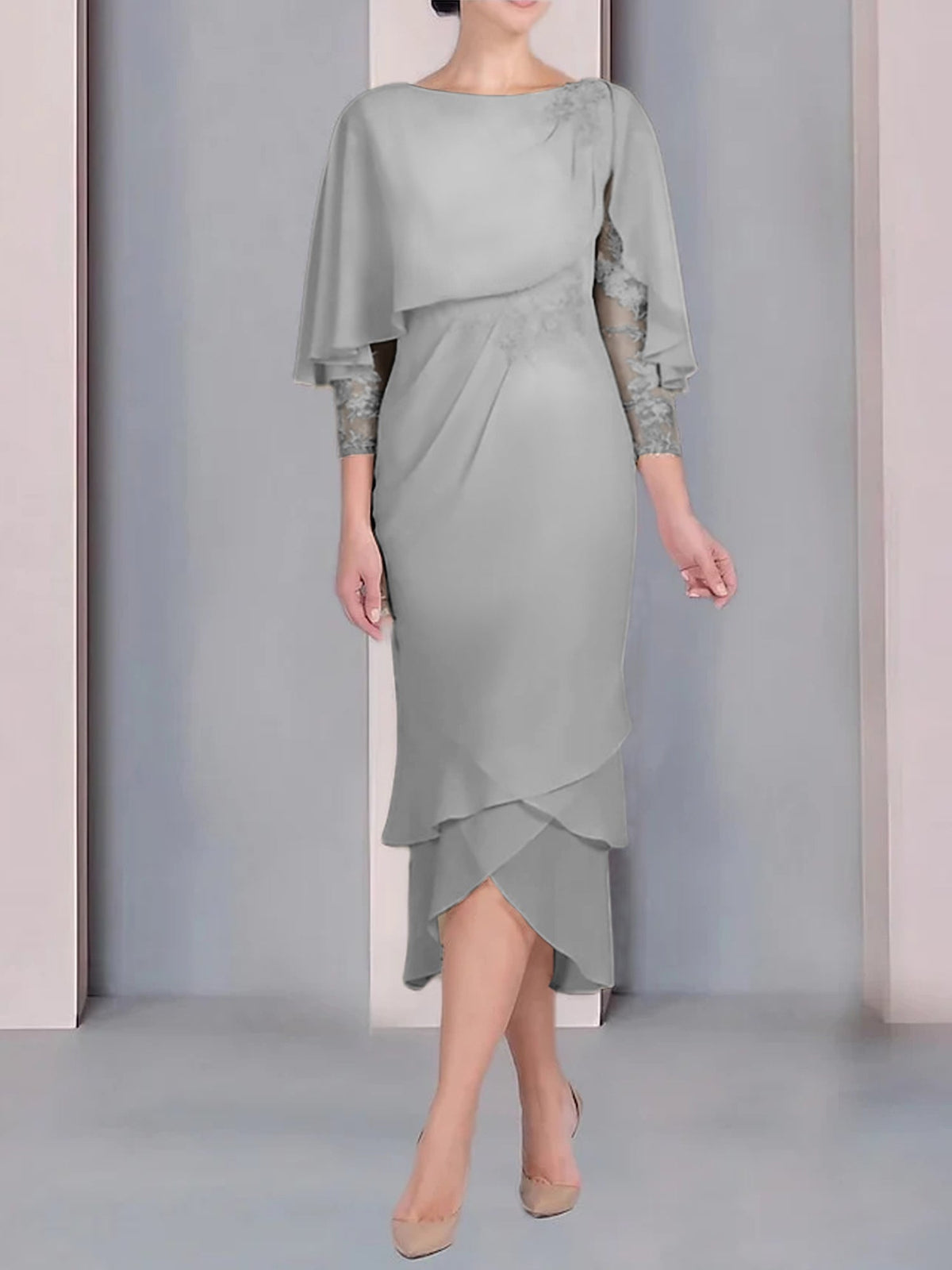 Tea Length Mother of the Bride Dress with Scoop Neck Short Sleeves and Appliqued Lace