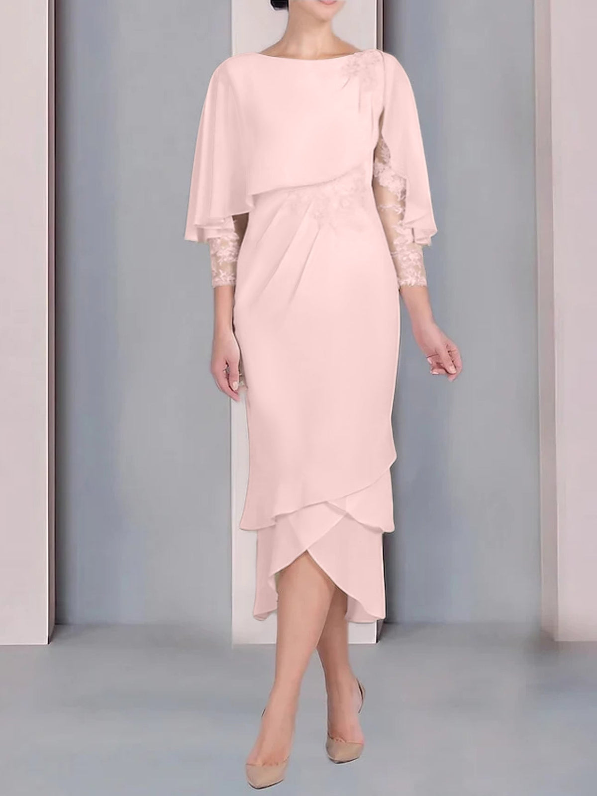 Tea Length Mother of the Bride Dress with Scoop Neck Short Sleeves and Appliqued Lace