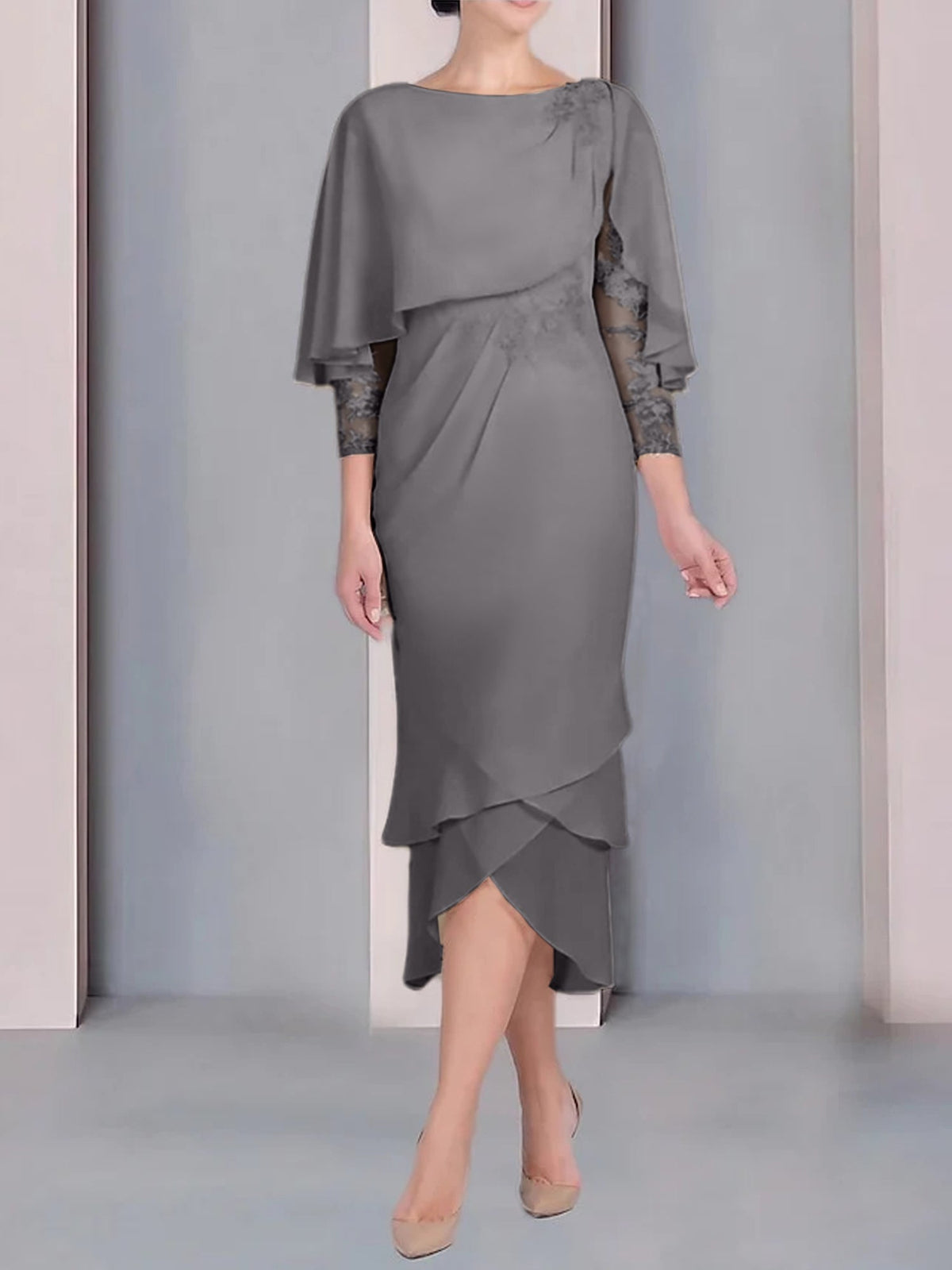 Tea Length Mother of the Bride Dress with Scoop Neck Short Sleeves and Appliqued Lace