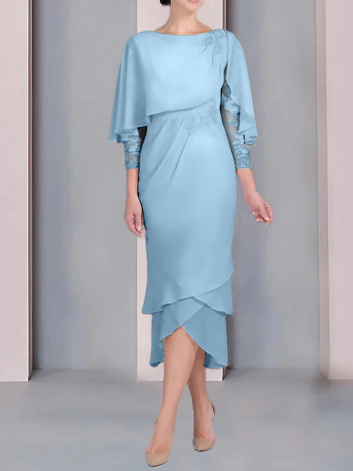 Tea Length Mother of the Bride Dress with Scoop Neck Short Sleeves and Appliqued Lace