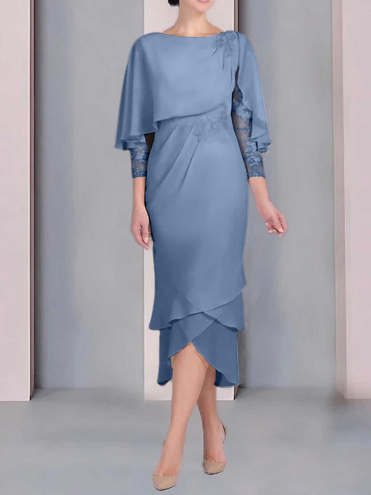 Tea Length Mother of the Bride Dress with Scoop Neck Short Sleeves and Appliqued Lace