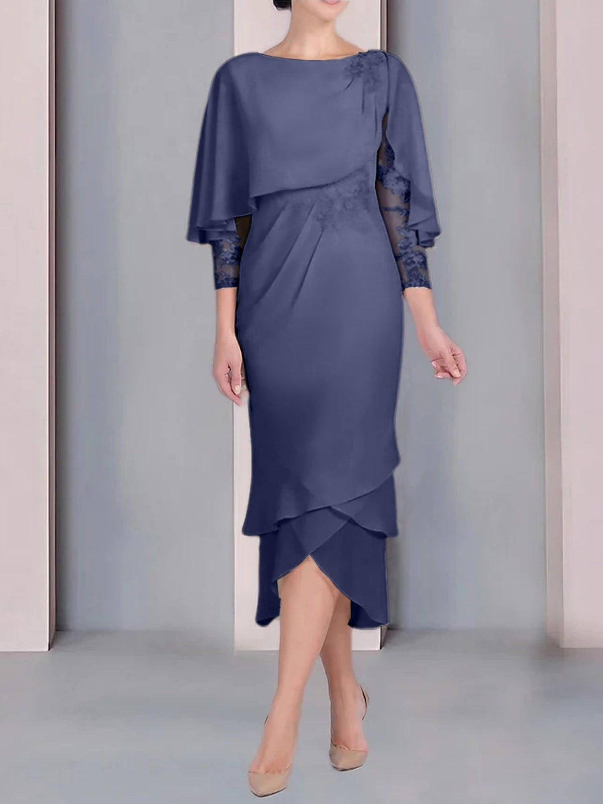 Tea Length Mother of the Bride Dress with Scoop Neck Short Sleeves and Appliqued Lace
