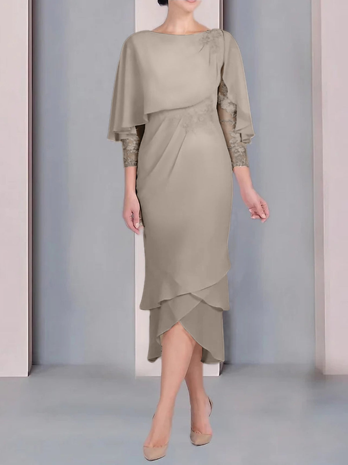 Tea Length Mother of the Bride Dress with Scoop Neck Short Sleeves and Appliqued Lace