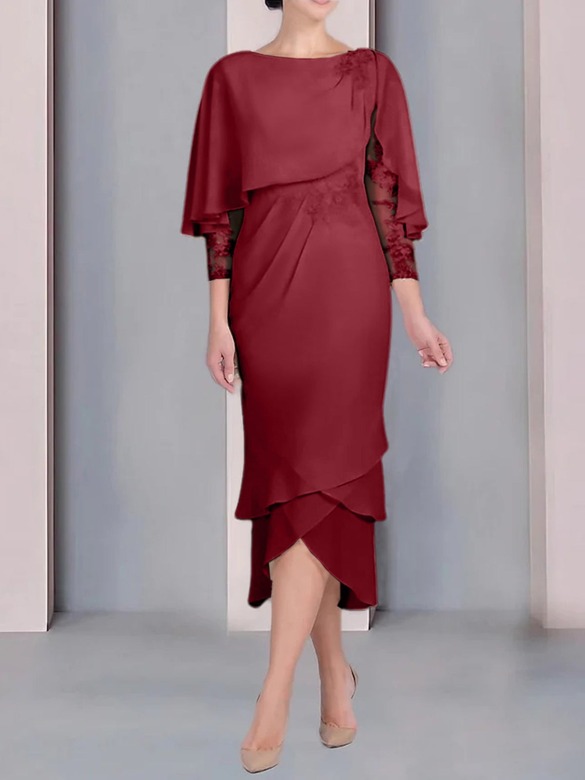 Tea Length Mother of the Bride Dress with Scoop Neck Short Sleeves and Appliqued Lace