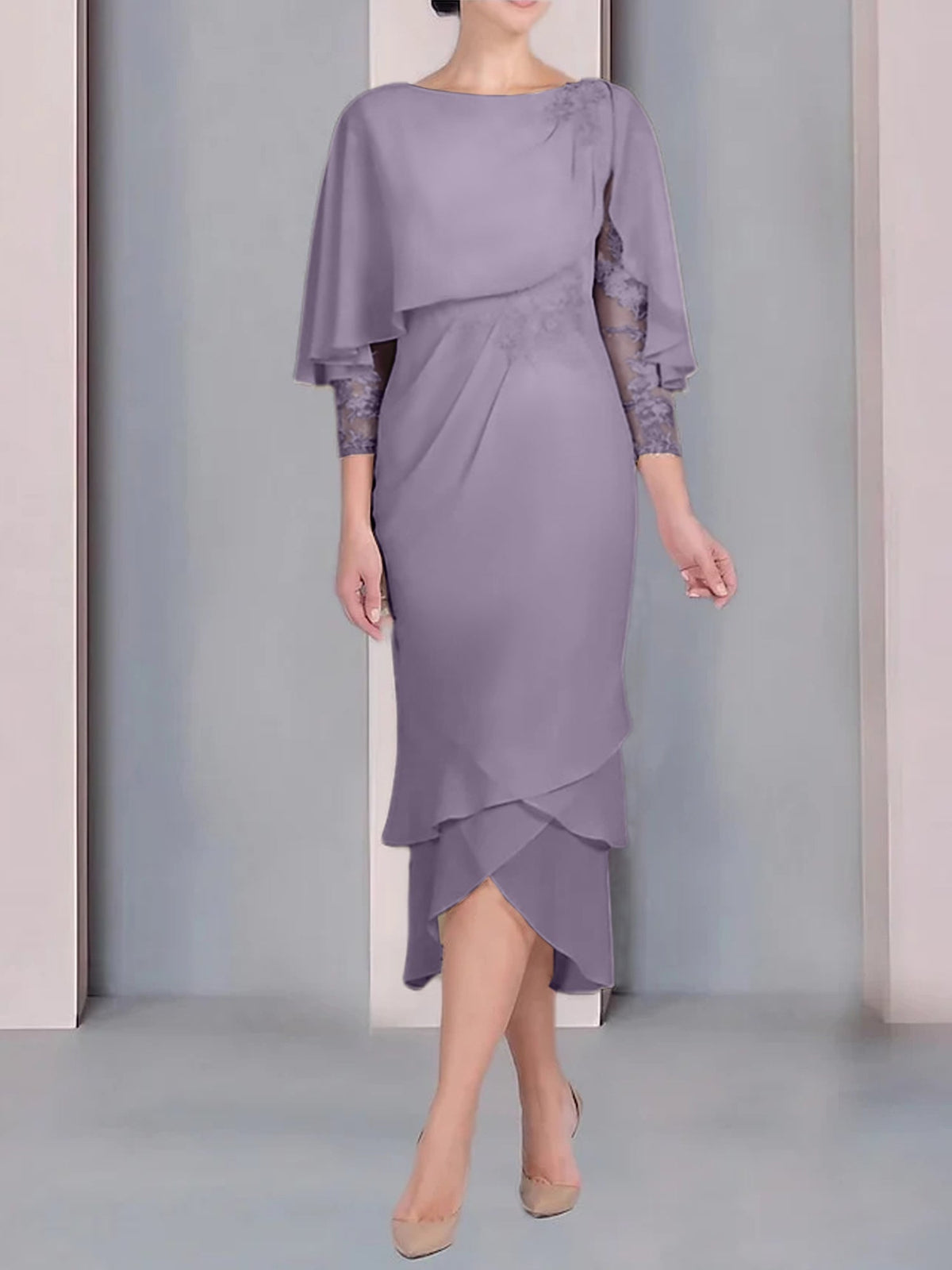 Tea Length Mother of the Bride Dress with Scoop Neck Short Sleeves and Appliqued Lace