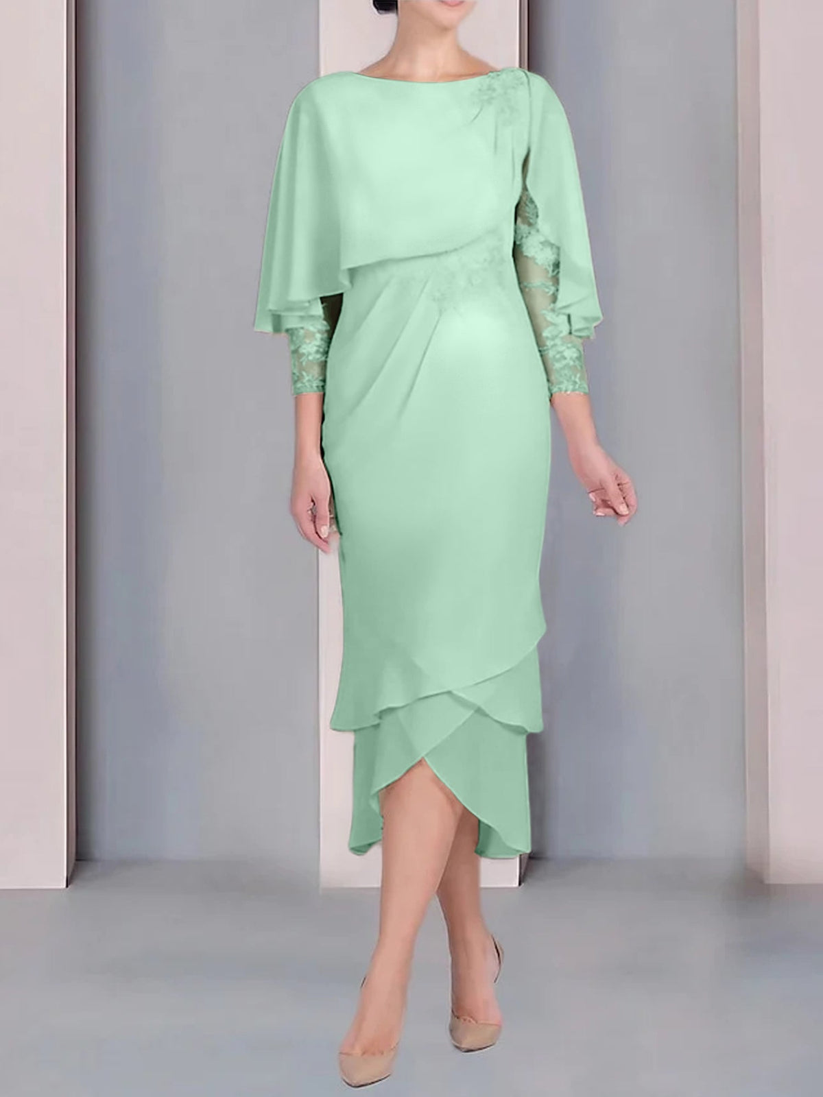 Tea Length Mother of the Bride Dress with Scoop Neck Short Sleeves and Appliqued Lace