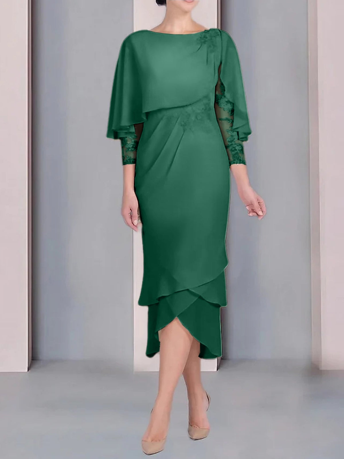 Tea Length Mother of the Bride Dress with Scoop Neck Short Sleeves and Appliqued Lace