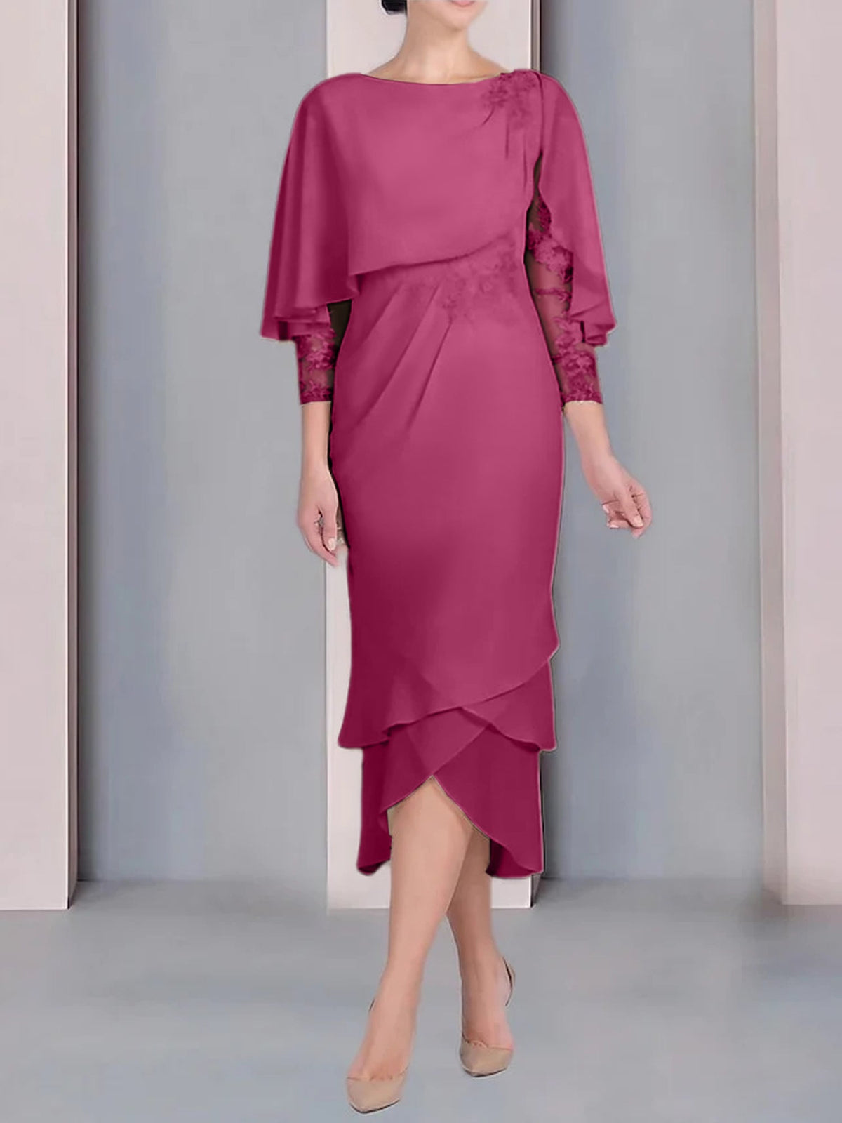 Tea Length Mother of the Bride Dress with Scoop Neck Short Sleeves and Appliqued Lace