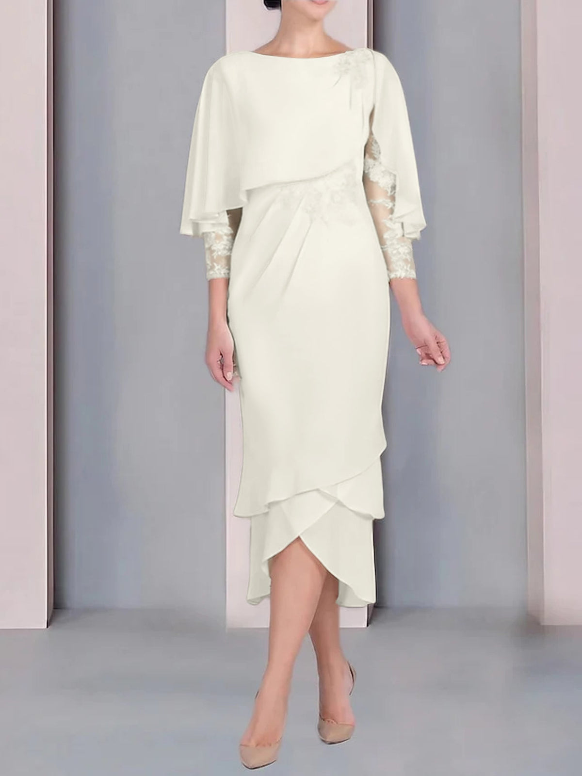 Tea Length Mother of the Bride Dress with Scoop Neck Short Sleeves and Appliqued Lace