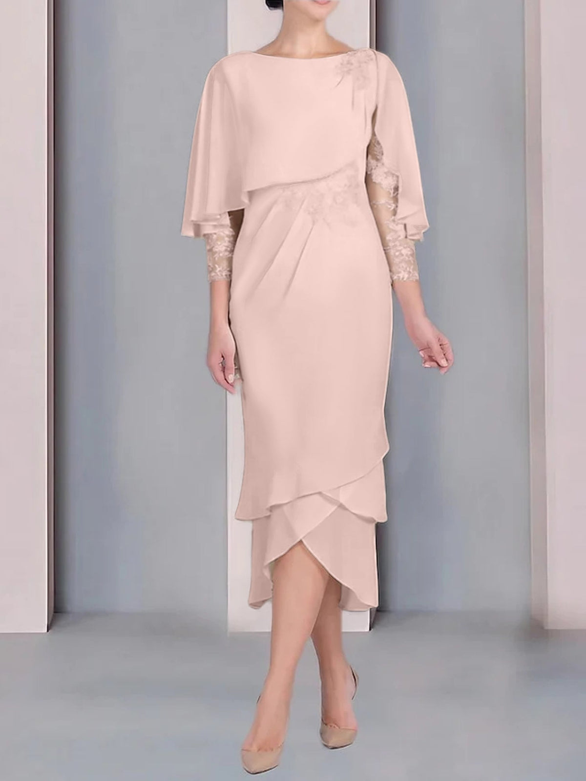 Tea Length Mother of the Bride Dress with Scoop Neck Short Sleeves and Appliqued Lace
