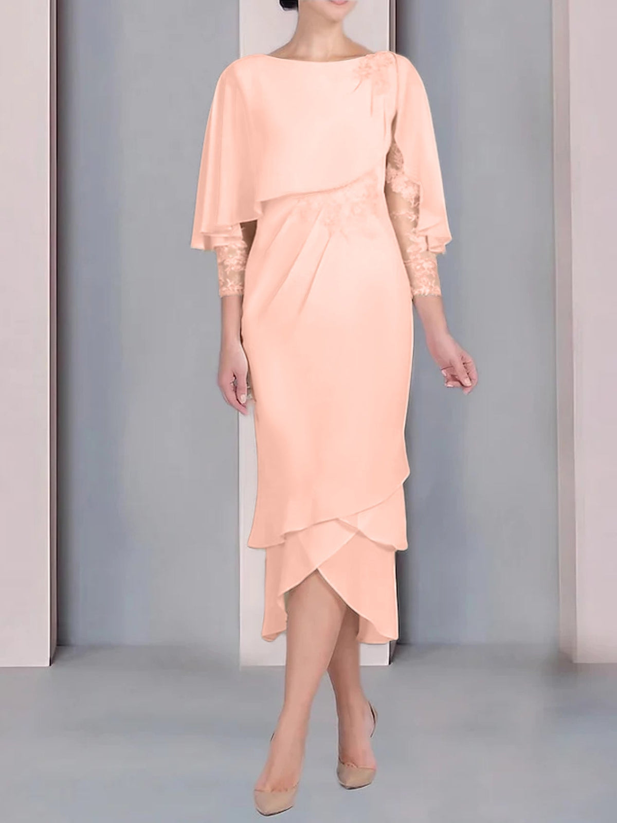 Tea Length Mother of the Bride Dress with Scoop Neck Short Sleeves and Appliqued Lace