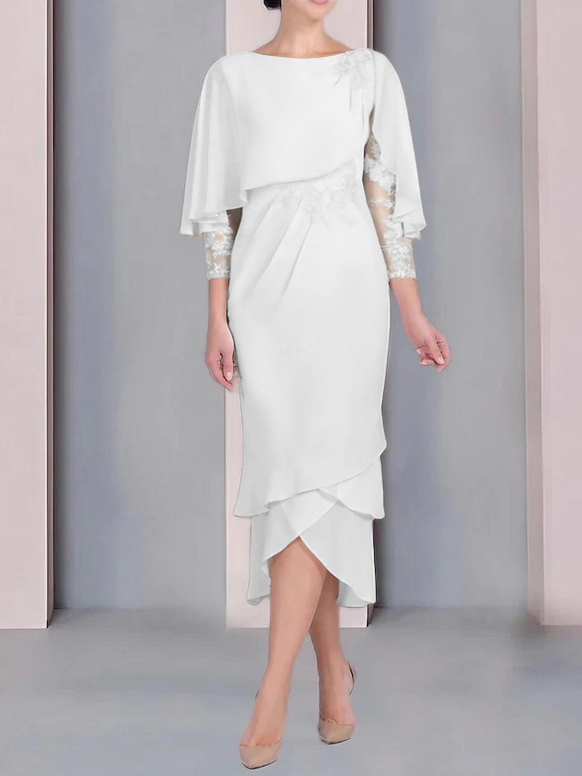 Tea Length Mother of the Bride Dress with Scoop Neck Short Sleeves and Appliqued Lace