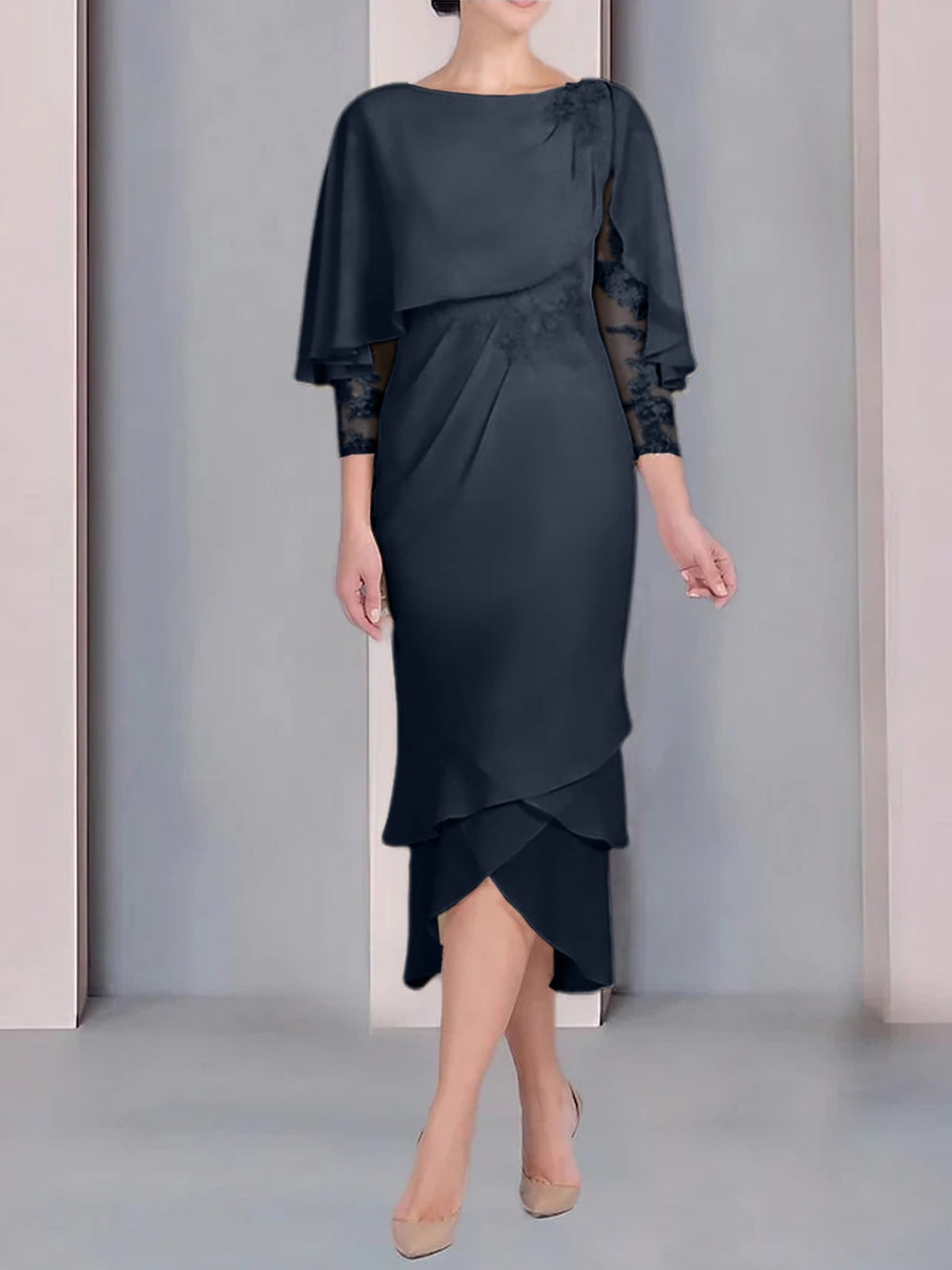 Tea Length Mother of the Bride Dress with Scoop Neck Short Sleeves and Appliqued Lace