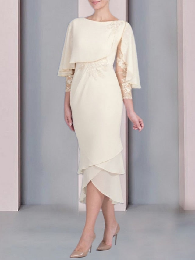 Tea Length Mother of the Bride Dress with Scoop Neck Short Sleeves and Appliqued Lace
