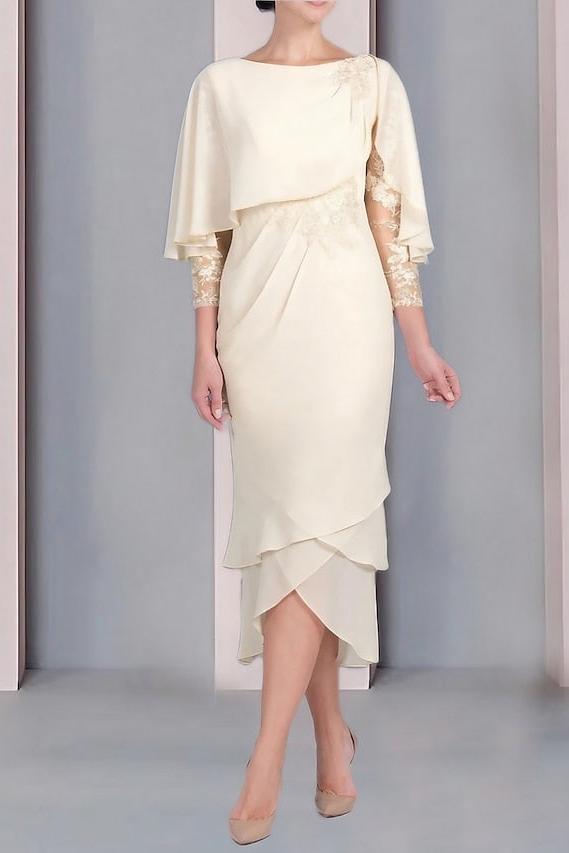 Tea Length Mother of the Bride Dress with Scoop Neck Short Sleeves and Appliqued Lace