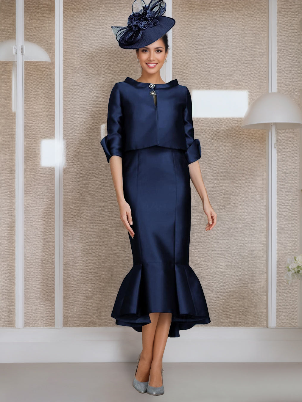 Tea Length Mother of the Bride Dress with Buttons Jewel Neck and Half Sleeves in Mermaid Trumpet Style