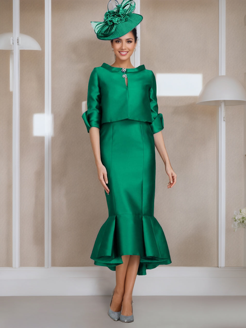 Tea Length Mother of the Bride Dress with Buttons Jewel Neck and Half Sleeves in Mermaid Trumpet Style