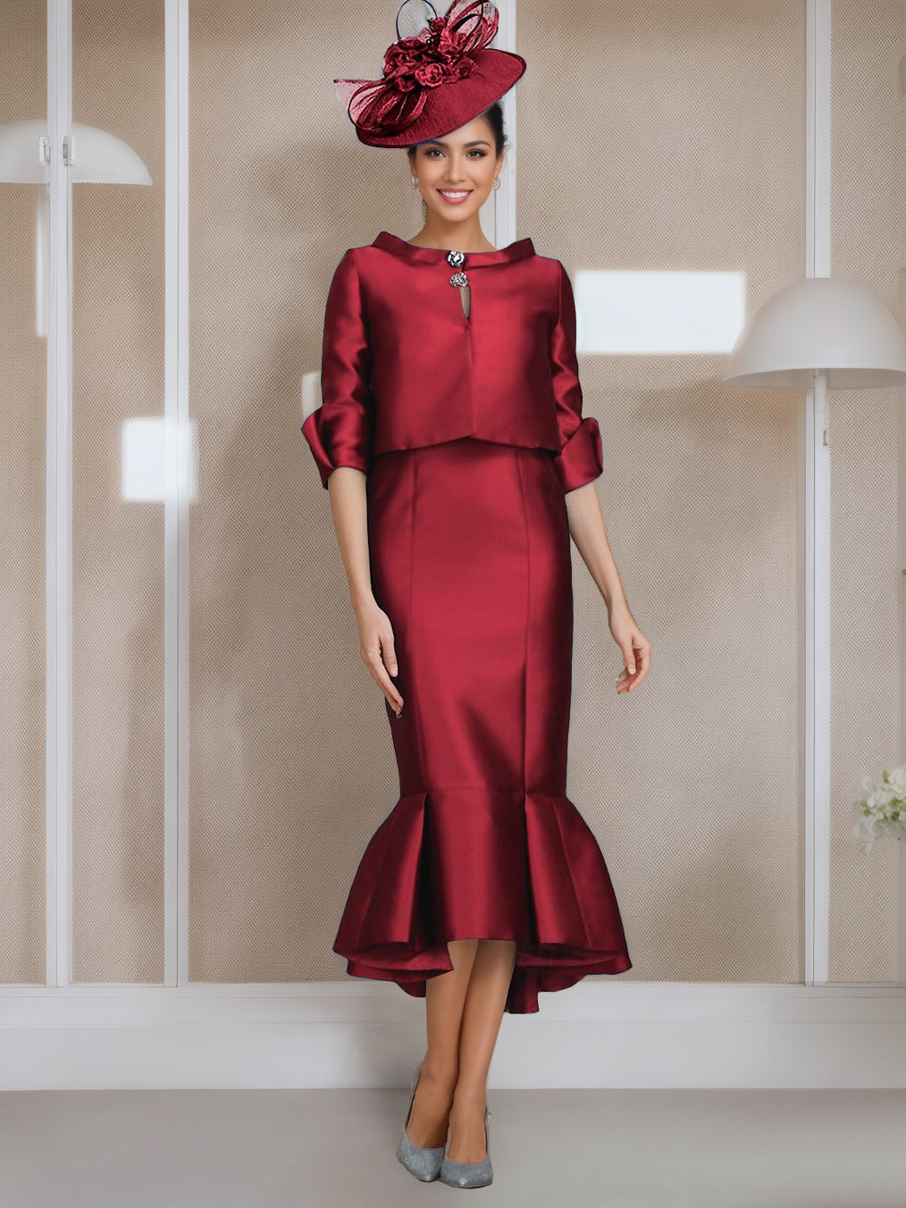 Tea Length Mother of the Bride Dress with Buttons Jewel Neck and Half Sleeves in Mermaid Trumpet Style