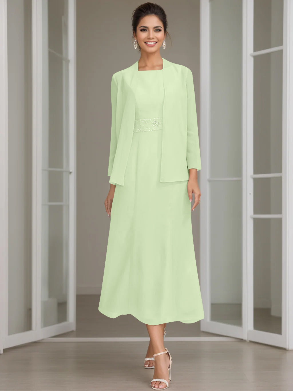 Tea Length Mother of the Bride Sheath Dress with Beaded Jacket