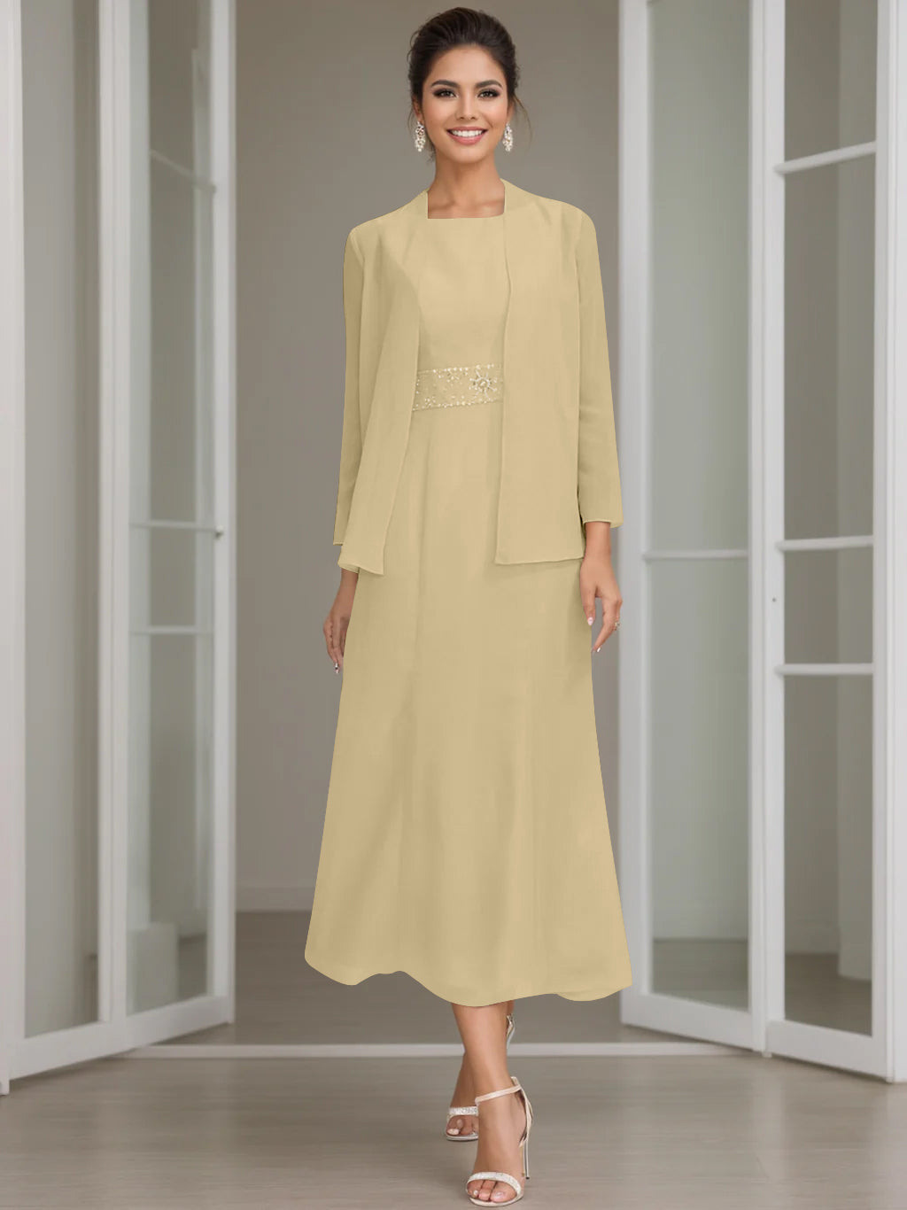 Tea Length Mother of the Bride Sheath Dress with Beaded Jacket