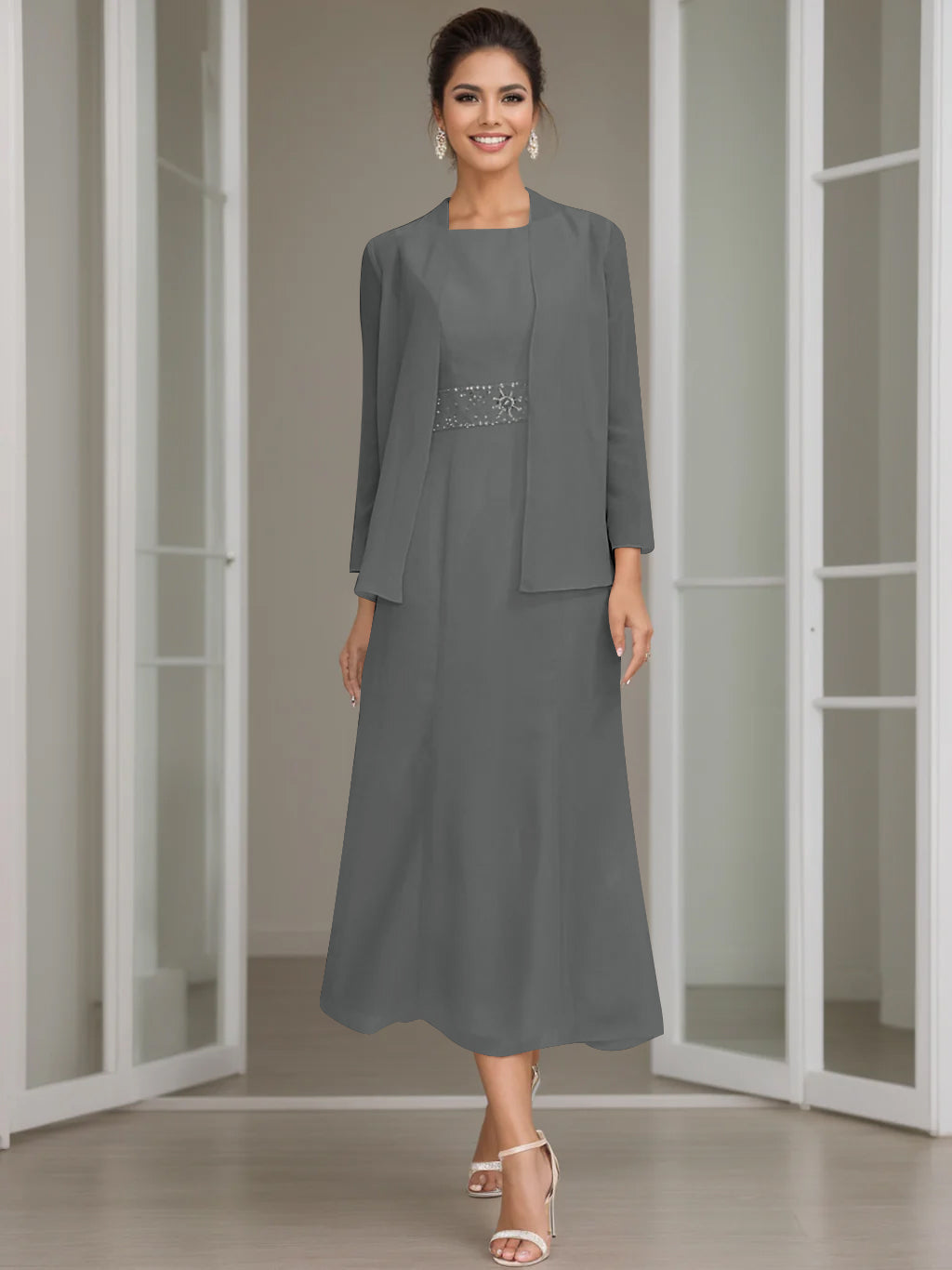 Tea Length Mother of the Bride Sheath Dress with Beaded Jacket