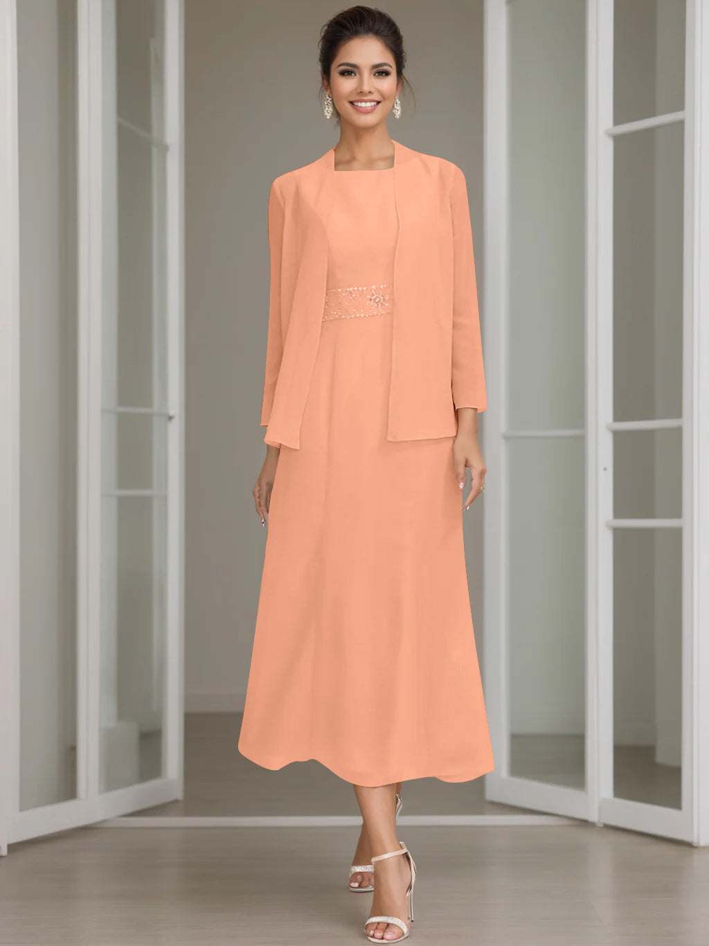 Tea Length Mother of the Bride Sheath Dress with Beaded Jacket