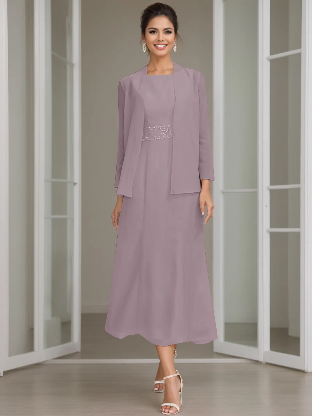 Tea Length Mother of the Bride Sheath Dress with Beaded Jacket