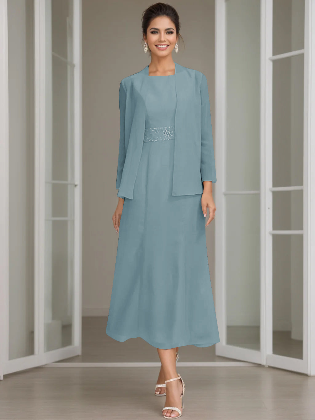 Tea Length Mother of the Bride Sheath Dress with Beaded Jacket