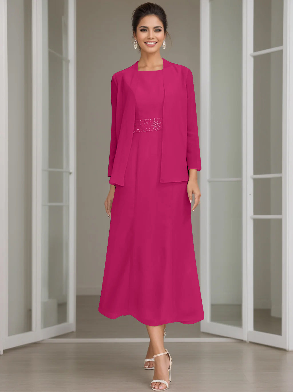 Tea Length Mother of the Bride Sheath Dress with Beaded Jacket