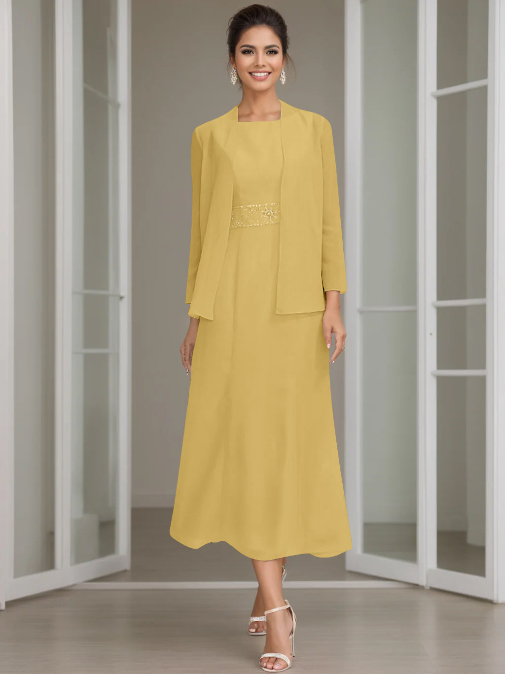 Tea Length Mother of the Bride Sheath Dress with Beaded Jacket