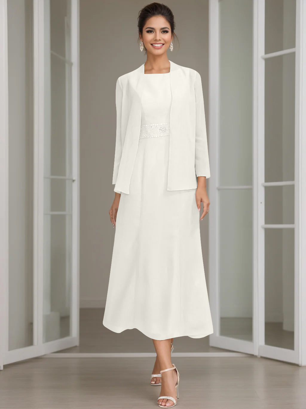 Tea Length Mother of the Bride Sheath Dress with Beaded Jacket