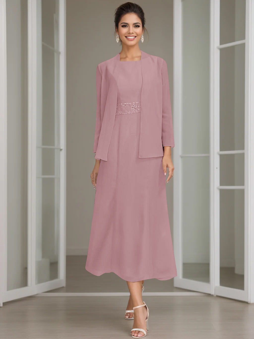 Tea Length Mother of the Bride Sheath Dress with Beaded Jacket