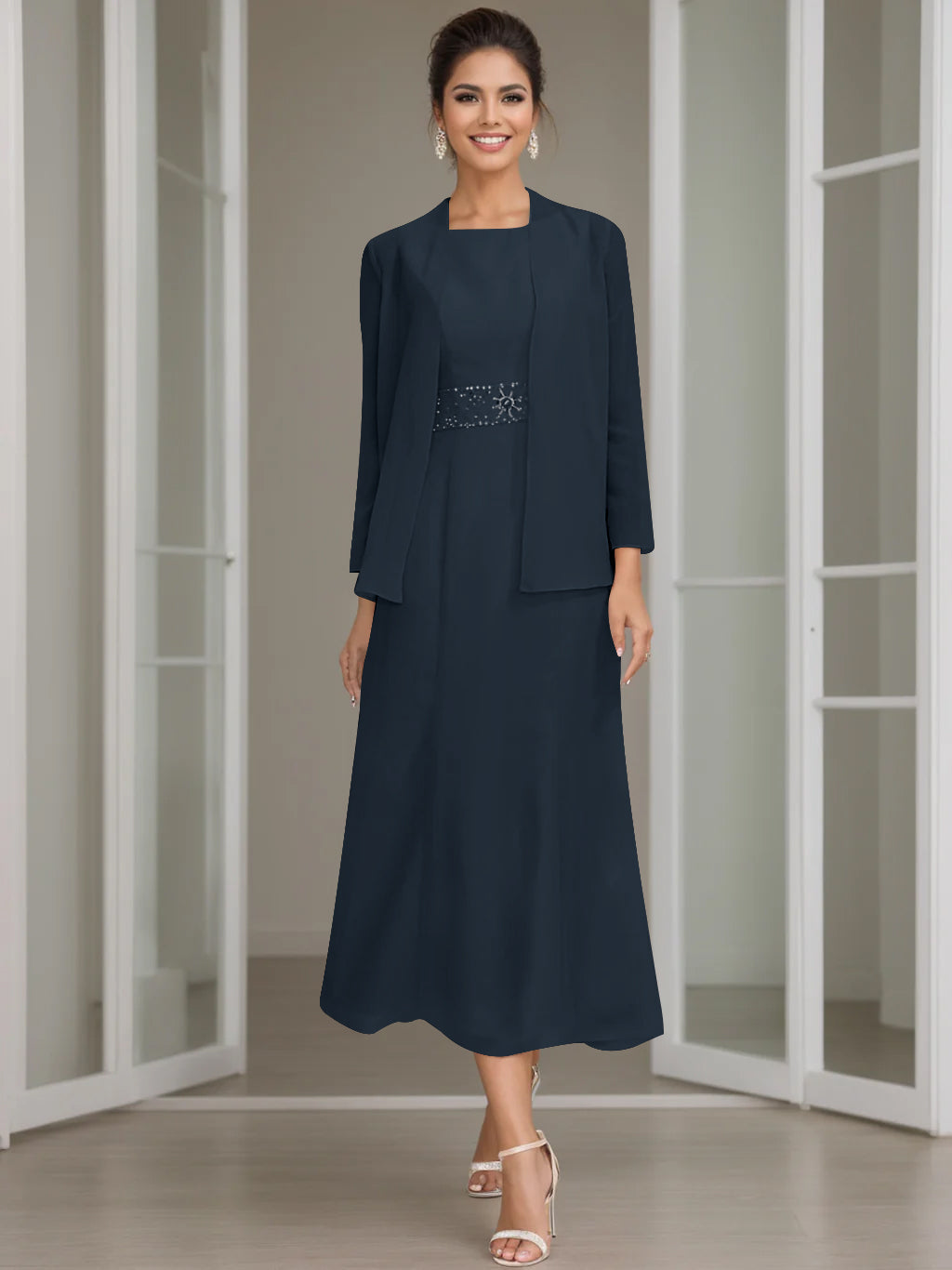 Tea Length Mother of the Bride Sheath Dress with Beaded Jacket