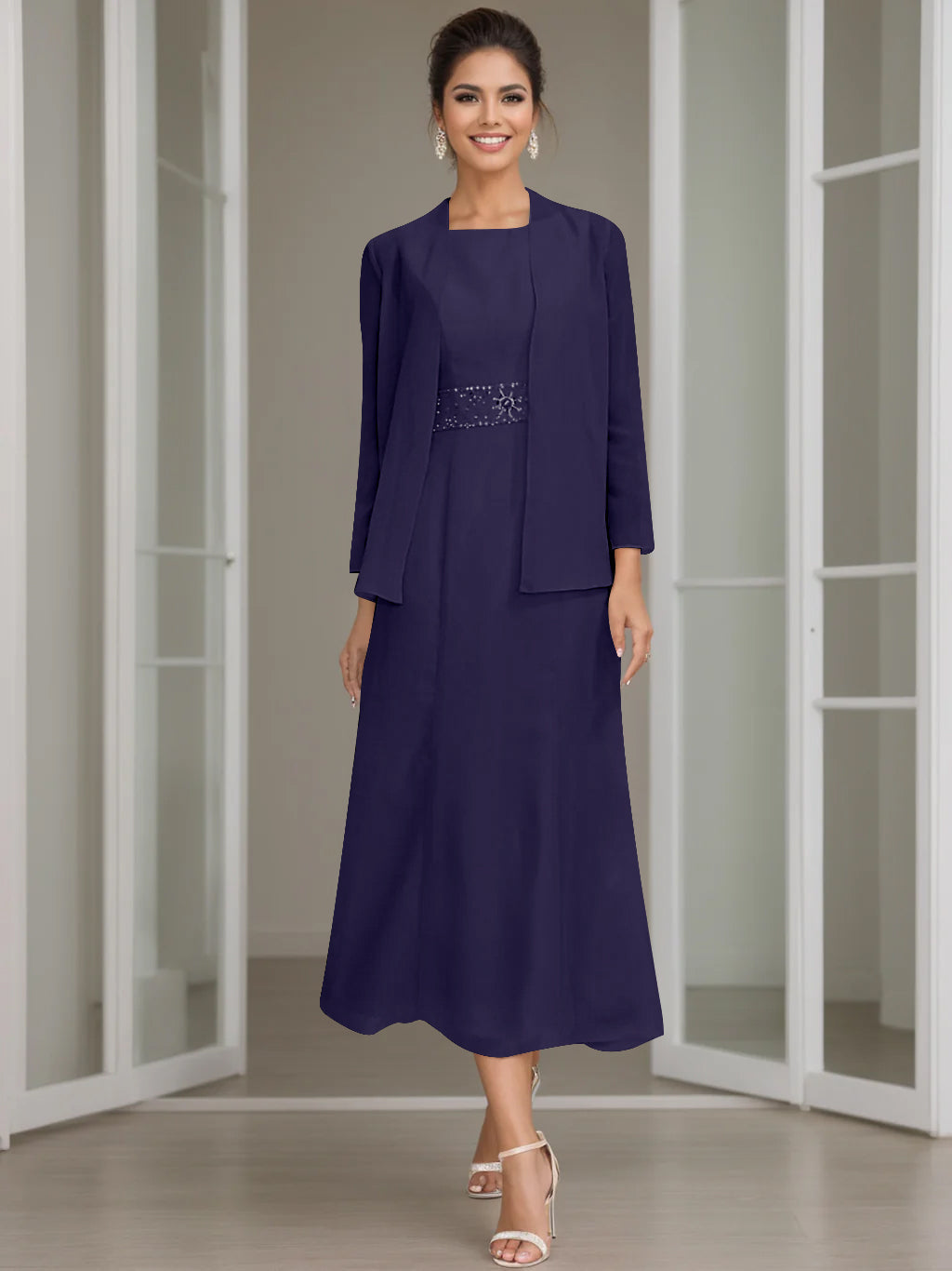 Tea Length Mother of the Bride Sheath Dress with Beaded Jacket