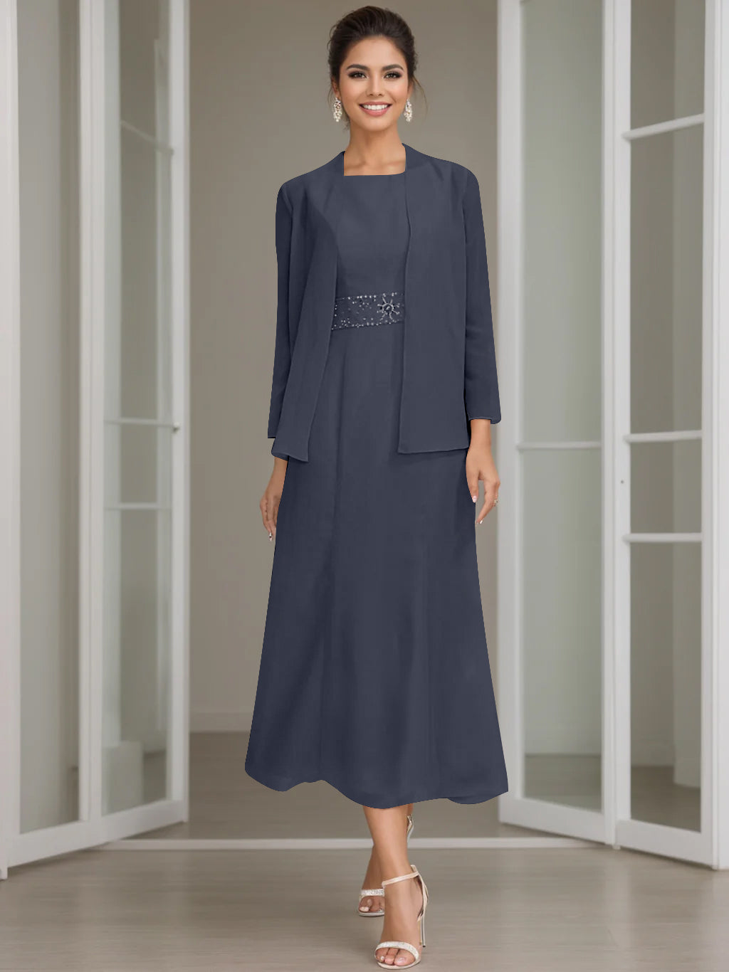 Tea Length Mother of the Bride Sheath Dress with Beaded Jacket