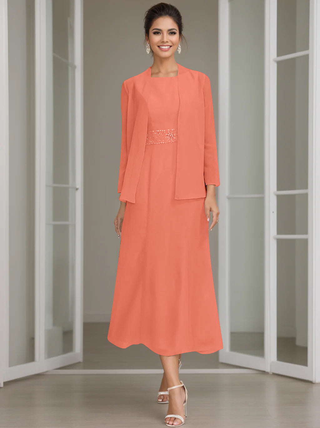 Tea Length Mother of the Bride Sheath Dress with Beaded Jacket