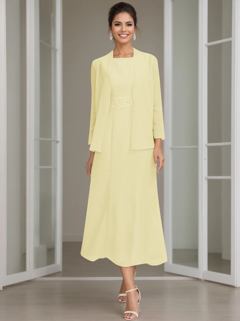 Tea Length Mother of the Bride Sheath Dress with Beaded Jacket