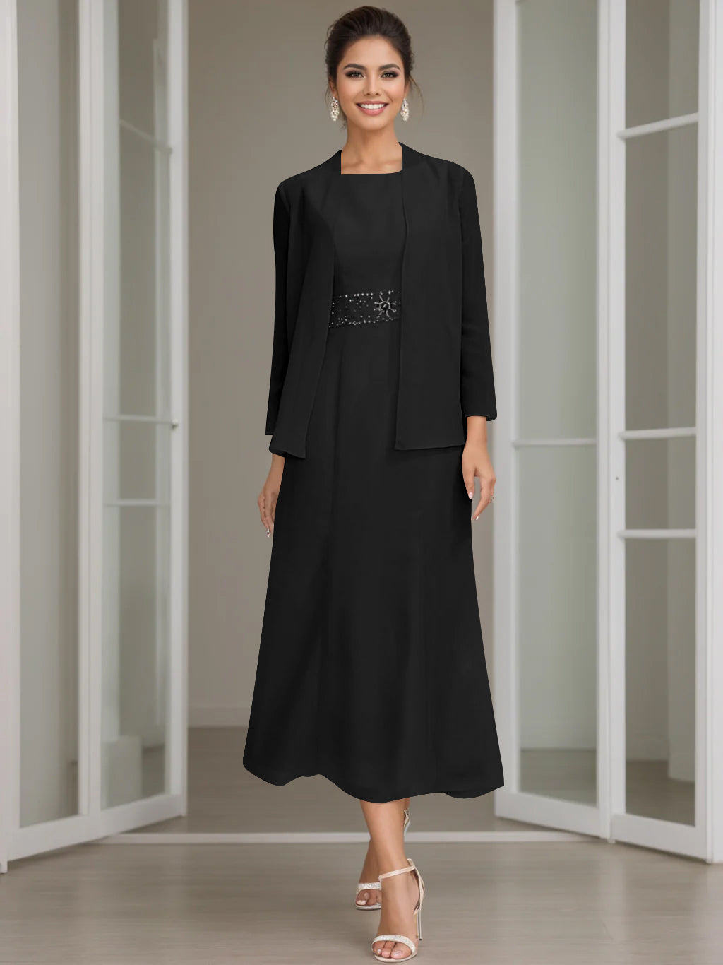Tea Length Mother of the Bride Sheath Dress with Beaded Jacket