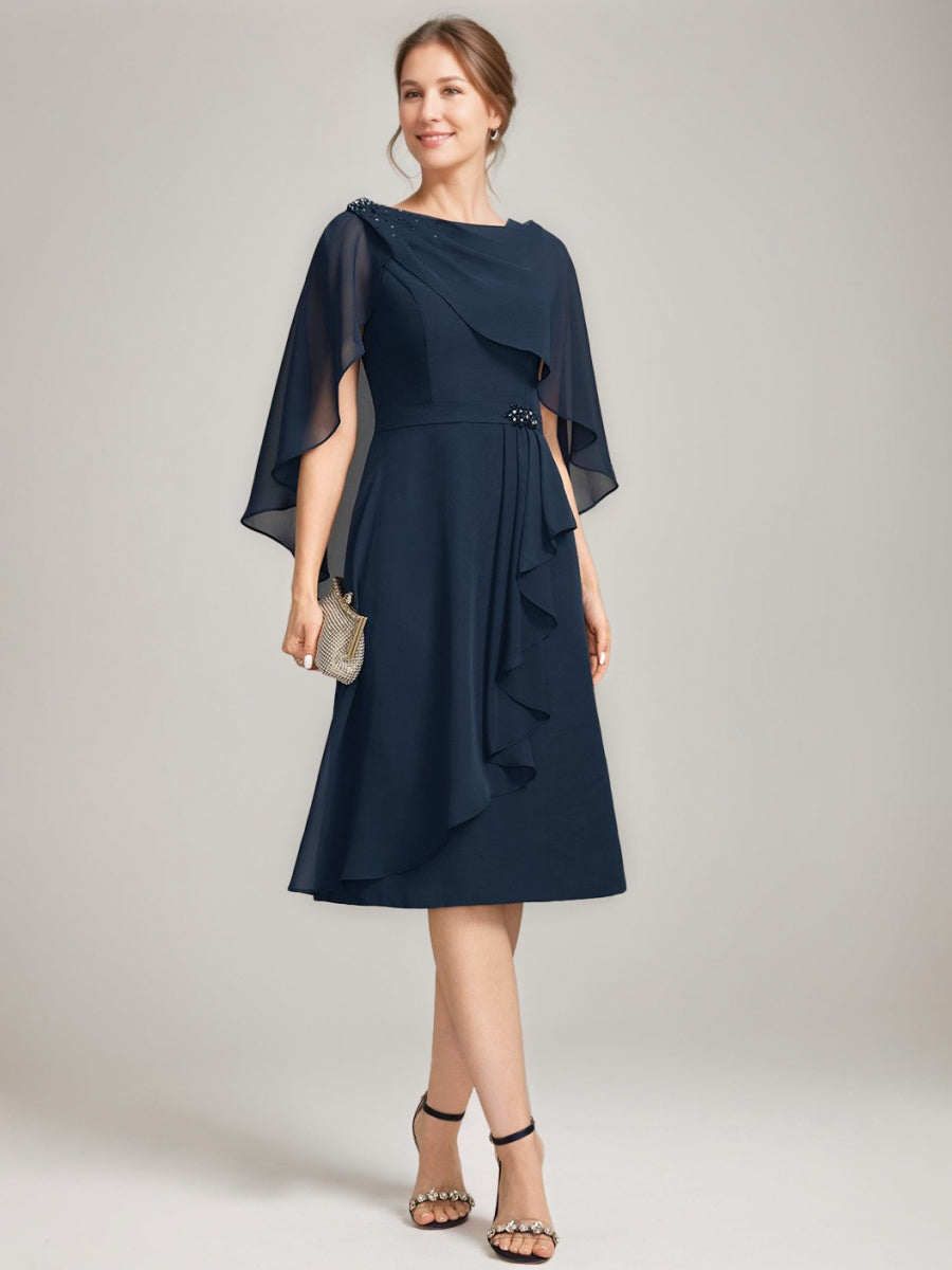 Tea Length Mother of the Bride Sheath Dress with Detachable Beaded Cape and Ruffles