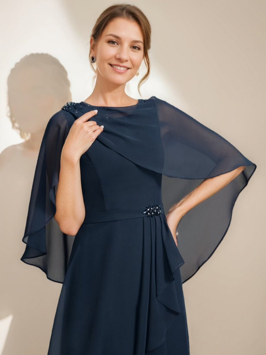 Tea Length Mother of the Bride Sheath Dress with Detachable Beaded Cape and Ruffles