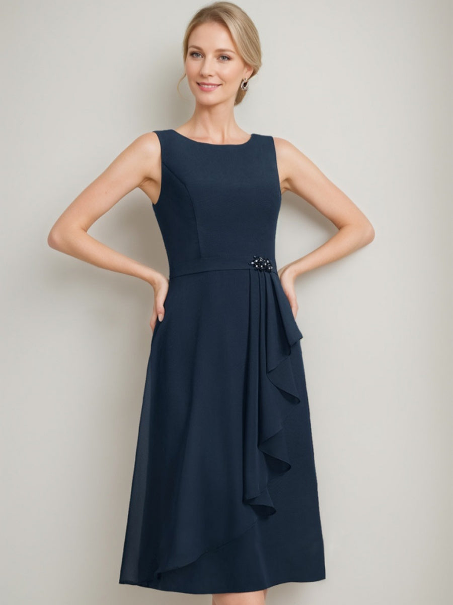 Tea Length Mother of the Bride Sheath Dress with Detachable Beaded Cape and Ruffles