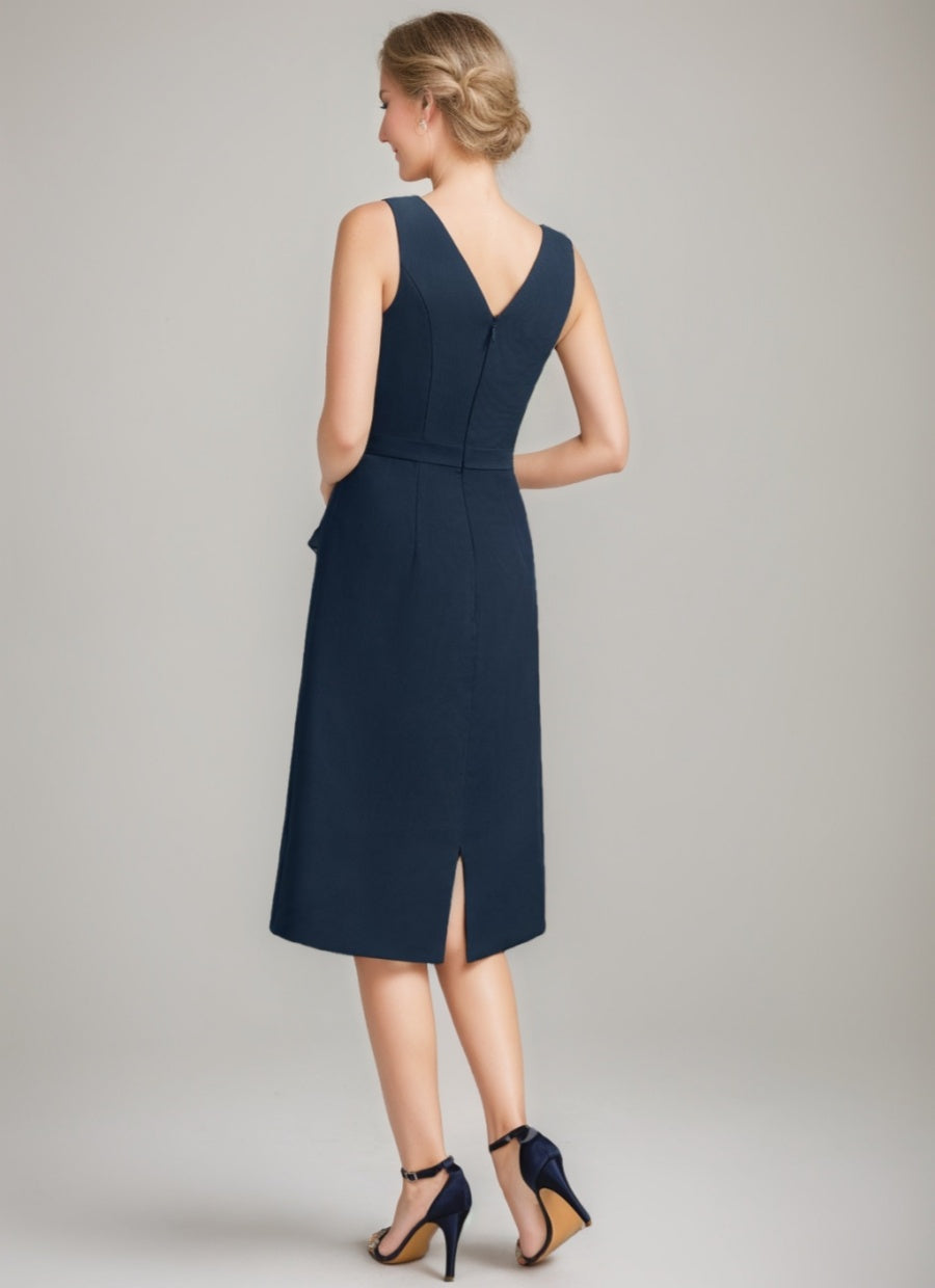 Tea Length Mother of the Bride Sheath Dress with Detachable Beaded Cape and Ruffles