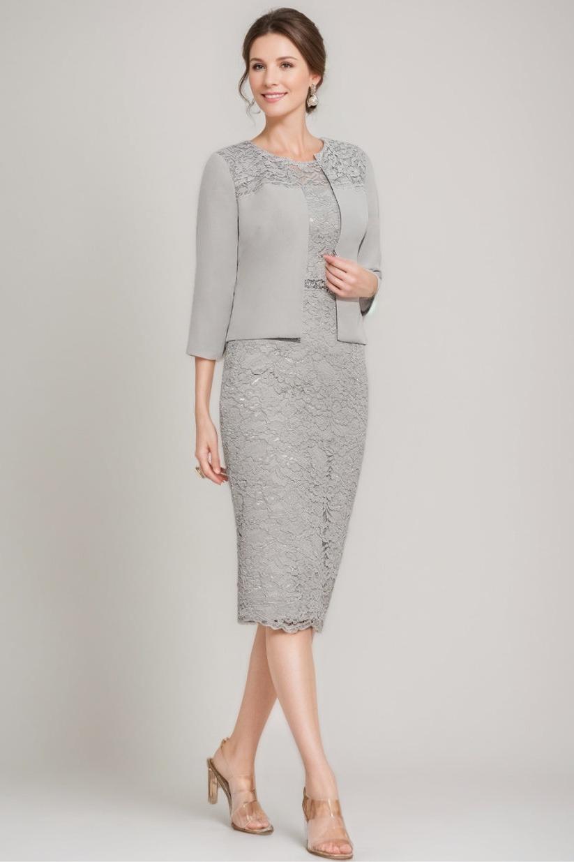 Tea Length Mother of the Bride Sheath Column Dress with Jacket & Crystals