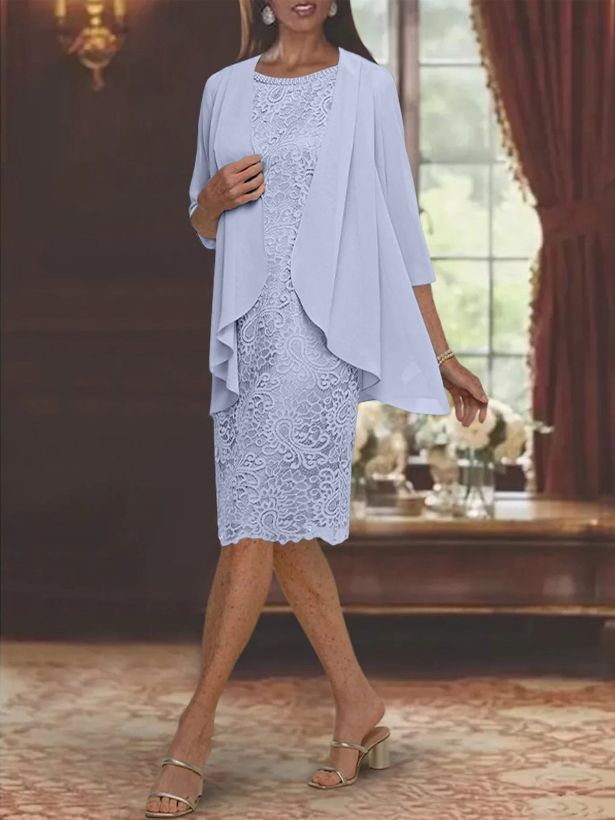Tea Length Mother of the Bride Sheath Column Jewel Neck Dress