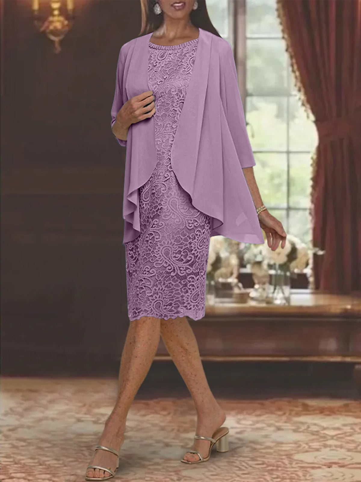 Tea Length Mother of the Bride Sheath Column Jewel Neck Dress