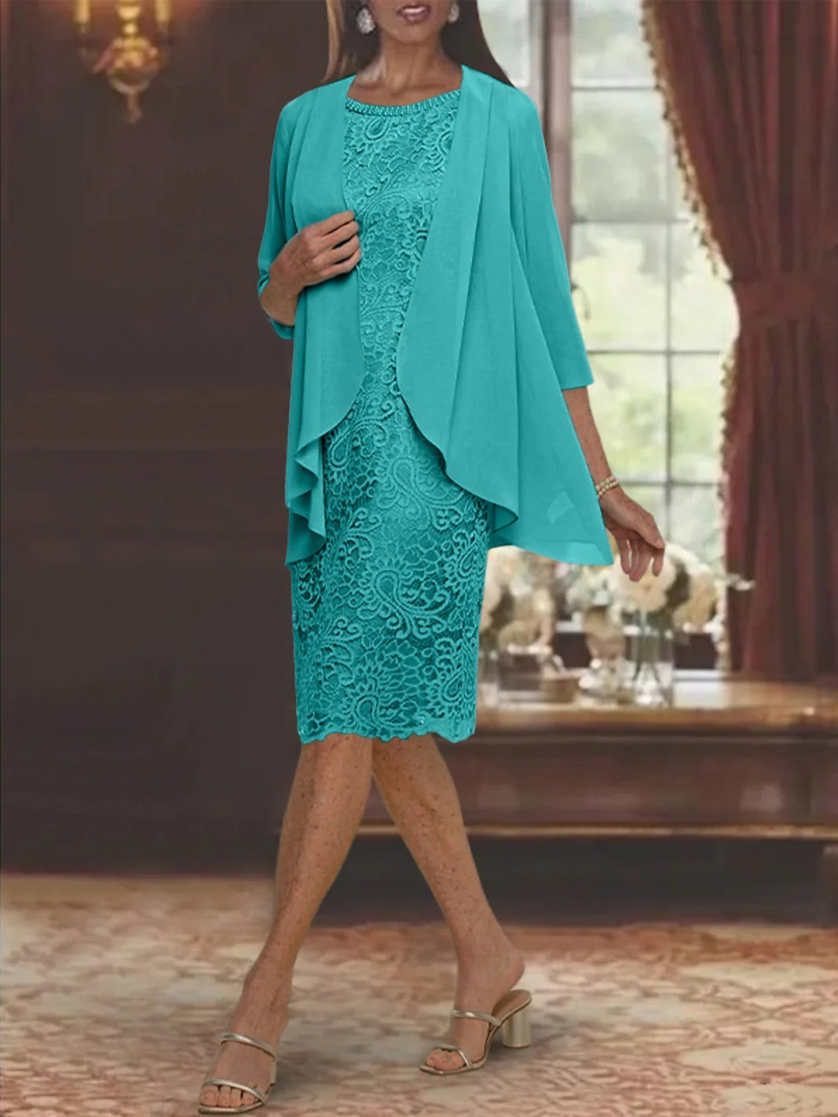 Tea Length Mother of the Bride Sheath Column Jewel Neck Dress